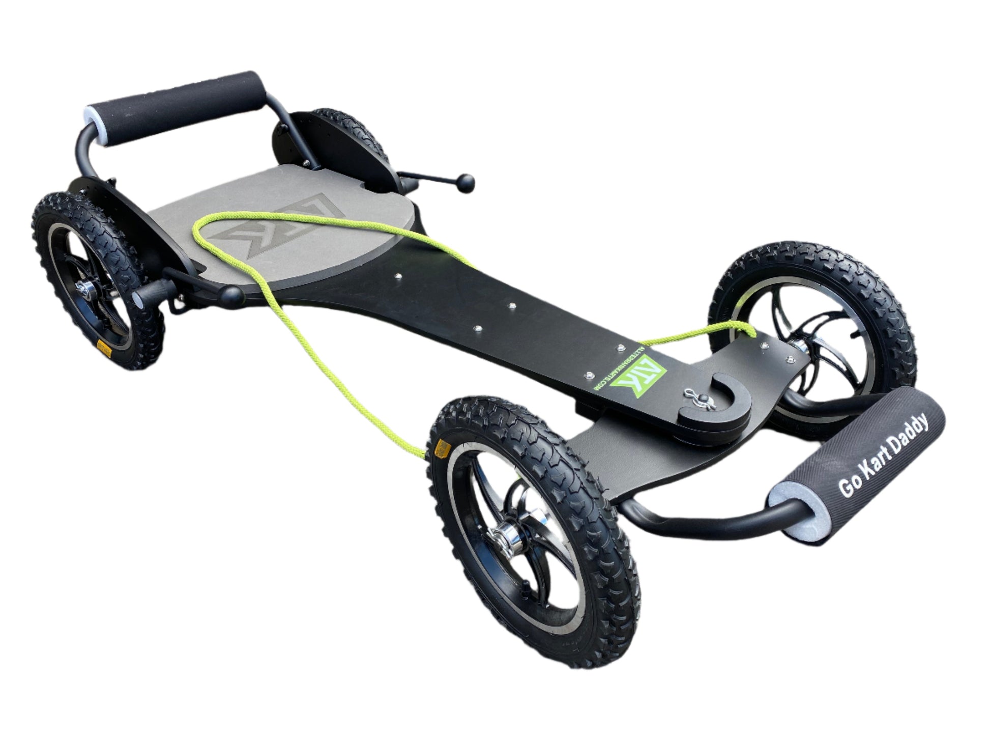 Experience the thrill of off-roading with the new and upgraded ATK Pro Teen & Adult Go Kart. Featuring black alloy wheels and all-terrain pneumatic tyres, this go kart not only looks stylish but also provides superior grip on any terrain.
Conquer the outdoors with confidence and style.
The Pro Kart has independent twin brakes allowing the kart to perform skid turns on grass or gravel. 
The wheels and steerer can be quickly removed by releasing the R clips and it will fit into the back of a car.